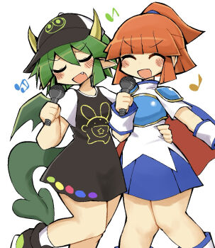 2girls ^_^ arle_nadja armor baseball_cap black_dress black_hat black_shoes blue_armor blue_cape blue_skirt blue_trim blunt_bangs blush breastplate brown_hair cape carbuncle_(puyopuyo) character_print closed_eyes double-parted_bangs draco_centauros dragon_girl dragon_horns dragon_tail dragon_wings dress feet_out_of_frame gold_trim green_hair green_shoes hair_between_eyes hair_tie hat high_ponytail holding holding_microphone horns hug_from_side kurokogeee microphone multicolored_shoes multiple_girls music musical_note official_alternate_costume open_mouth pleated_skirt pointy_ears ponytail puyo_(puyopuyo) puyopuyo puyopuyo_quest red_cape shirt shoes short_hair short_sleeves shoulder_armor simple_background singing skirt smile socks spirited_draco tail two-sided_cape two-sided_fabric two-tone_shoes u_u v-shaped_eyebrows white_background white_shirt white_shoes white_sleeves white_socks white_wrist_cuffs wings wrist_cuffs