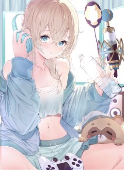 Rule 34 | 1girl, absurdres, alternate hairstyle, blonde hair, blue eyes, blue jacket, blue shorts, blush, bottle, breasts, camisole, commentary request, crop top, crossed bangs, double-parted bangs, dualsense, hair between eyes, hand on headphones, headphones, highres, holding, holding bottle, hololive, jacket, kazama iroha, long hair, long sleeves, looking at viewer, lotus position, loungewear, microphone, midriff, navel, plastic bottle, playstation controller, pokobee, puffy long sleeves, puffy sleeves, rin (rin illust 0805), shorts, sitting, small breasts, solo, studio microphone, virtual youtuber, water bottle, white camisole