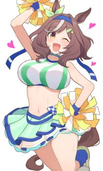 1girl animal_ears arm_up blue_gloves blue_hairband blush brown_hair cheerleader commentary_request gloves hair_intakes hairband hand_on_own_hip holding holding_pom_poms horse_ears horse_girl horse_tail jumping looking_at_viewer matikanetannhauser_(blue_turbulence)_(umamusume) matikanetannhauser_(umamusume) medium_hair midriff multicolored_hair navel official_alternate_costume one_eye_closed open_mouth pom_pom_(cheerleading) pom_poms shiro_(branch0126) simple_background skirt smile solo sports_bra streaked_hair sweat tail umamusume white_background white_skirt white_sports_bra white_streaks
