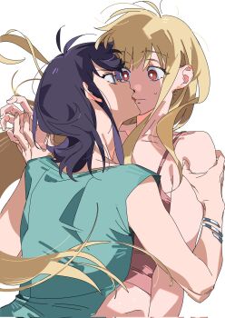 Rule 34 | 2girls, bare shoulders, black hair, blonde hair, bracelet, cho kaguya-hime!, eye contact, green eyes, green shirt, hand on another's shoulder, highres, holding hands, imminent kiss, jewelry, kaguya (cho kaguya-hime!), long hair, looking at another, medium hair, molu stranger, multiple girls, orange eyes, pink shirt, sakayori iroha, shirt, short sleeves, simple background, spaghetti strap, sweatdrop, tongue, white background, yuri
