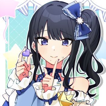 1girl alternate_hairstyle bare_shoulders black_hair blue_ribbon blue_shirt blush bow choker closed_mouth commentary_request gradient_background green_background hair_bow hair_ribbon hands_up heart highres holding holding_heart idolmaster idolmaster_shiny_colors index_finger_raised kazano_hiori long_hair long_sleeves looking_at_viewer mole mole_under_mouth nail_polish off-shoulder_shirt off_shoulder portrait purple_eyes purple_nails ribbon ribbon_choker shirt shy side_ponytail smile solo star_(symbol) star_ornament star_symbol_background sweatdrop trike_03 two-tone_shirt white_shirt wrist_ribbon