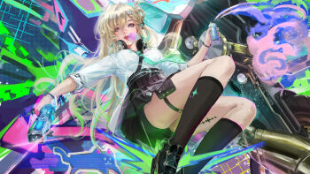 1girl absurdres aqua_necktie black_shoes black_skirt black_socks blonde_hair blowing_bubble_gum breasts chewing_gum closed_mouth commentary darkyo07 english_commentary headphones headphones_around_neck highres holding holding_spray_can long_hair looking_at_viewer lynae_(wuthering_waves) medium_breasts necktie shirt shirt_tucked_in shoes skirt socks solo spray_can tacet_mark_(wuthering_waves) white_shirt wuthering_waves