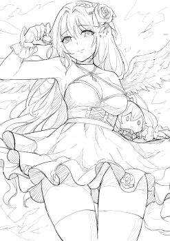 1girl angel_wings bare_shoulders blush braid breasts character_doll cleavage closed_mouth collarbone doll dorothy_(nikke) dorothy_(nostalgia)_(nikke) dress feathered_wings goddess_of_victory:_nikke hair_bun hair_ribbon halter_dress halterneck highres large_breasts long_hair looking_at_viewer official_alternate_costume panties pantyshot pinne_(nikke) ribbon smile solo underwear wings yougenko