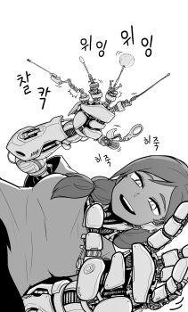 1girl absurdres android breasts commentary cotton_swab dark-skinned_female dark_skin from_below galois greyscale hair_over_shoulder hair_tie highres korean_text magnifying_glass mechanical_arms medium_breasts mimikaki monochrome original shirt sideways solo t-shirt translated upper_body