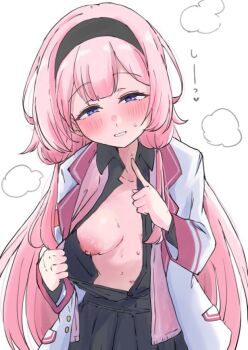 1girl black_hairband black_shirt black_skirt blazer blush breasts clothes_pull hairband heart index_finger_raised jacket long_hair medium_breasts navel nijisanji nipples one_breast_out open_clothes open_jacket open_shirt pink_hair puri_0228 purple_eyes shirt shirt_pull sidelocks skirt smile solo standing suo_sango sweat virtual_youtuber white_background white_jacket