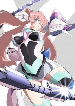 1girl absurdres armor blush breasts chikarya_mk_1 green_eyes hair_between_eyes headgear highres long_hair maria_cadenzavna_eve open_mouth pink_hair power_armor senki_zesshou_symphogear smile solo very_long_hair weapon whip_sword