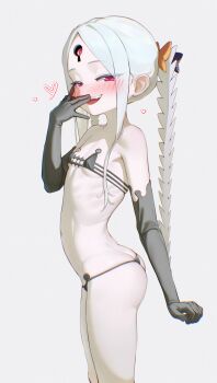 1girl abigail_williams_(fate) abigail_williams_(swimsuit_foreigner)_(fate) abigail_williams_(swimsuit_foreigner)_(first_ascension)_(fate) absurdres armpits ass bare_shoulders bikini black_bikini black_bow black_gloves blush bow breasts colored_skin elbow_gloves fate/grand_order fate_(series) forehead gloves highres keyhole loli long_hair looking_at_viewer micro_bikini navel open_mouth orange_bow parted_bangs red_eyes ribs small_breasts smile solo swimsuit thighs third_eye twintails white_hair white_skin yoko-chan_(mijizukeyoko)