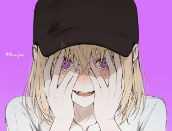 Rule 34 | 1girl, absurdres, bang dream!, bang dream! it's mygo!!!!!, baseball cap, black hat, blonde hair, blush, commentary request, crying, crying with eyes open, hands on own face, hat, highres, korean commentary, looking through fingers, medium hair, misumi uika, open mouth, portrait, solo, tears, tokkyu