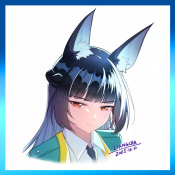 1girl animal_ears aqua_jacket black_hair black_necktie blunt_bangs collared_shirt fox_ears fox_girl hoshimi_miyabi jacket mbd_liangcha necktie orange_eyes portrait shirt solo zenless_zone_zero