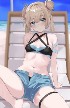 Rule 34 | 1girl, aqua eyes, beach, blonde hair, blue ribbon, blue shorts, blush, breasts, commentary request, double bun, hair bun, highres, hololive, kazama iroha, kinkikids753, multicolored hair, navel, ocean, open fly, pink hair, ribbon, shadow, short shorts, shorts, sitting, solo, stomach, streaked hair, thigh strap, virtual youtuber