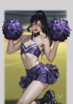 1boy alternate_costume artist_name bare_shoulders black_hair black_socks blurry blurry_background blush bow cheering cheerleader cleavage_cutout clothing_cutout commentary contemporary crop_top crossdressing crossdressing_(mtf) english_commentary grey_eyes hair_bow highres holding holding_pom_poms leg_up long_hair looking_at_viewer male_focus midriff miniskirt modao_zushi multicolored_shirt navel one_eye_closed open_mouth pectoral_cleavage pectorals pleated_skirt pom_pom_(cheerleading) pom_poms ponytail purple_bow purple_shirt purple_shoes purple_skirt shirt shoes sidelocks skirt sleeveless sleeveless_shirt smile sneakers socks solo sweat teeth toffeezel toned toned_male trap wei_wuxian
