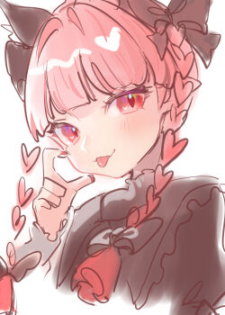 1girl absurdres black_bow blunt_bangs bow braid commentary_request hair_bow hair_intakes highres kaenbyou_rin looking_at_viewer red_eyes red_hair red_nails side_braids simple_background sketch slit_pupils solo teruteru_(teru_teru) tongue tongue_out touhou twin_braids upper_body white_background