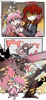 >_< 2girls ^^^ absurdres black_jacket black_necktie blazer blood blood_splatter blue_eyes blush bocchi_the_rock! border brown_footwear chainsaw_man character_request chibi clenched_hands closed_eyes closed_mouth cloud_halo collared_jacket collared_shirt cosplay crossover cube_hair_ornament defeat dirty dirty_face dot_nose frown ghost gotoh_hitori gotoh_hitori_(octopus) grey_skirt hair_ornament halo hand_on_another's_chest highres jacket jewelry kita_ikuyo lap_pillow lapels llllwewewe long_hair long_sleeves makima_(chainsaw_man) makima_(chainsaw_man)_(cosplay) medium_hair miniskirt monster multiple_girls multiple_views necktie notched_lapels one_side_up open_clothes open_jacket open_mouth outside_border pants pants_under_skirt pink_hair pink_jacket pink_pants pleated_skirt pulling red_hair red_halo ring shirt shoes skirt smile sound_effects track_jacket twitter_username very_long_hair wavy_mouth white_border white_shirt yellow_eyes zipper