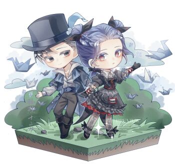 Rule 34 | 1boy, 1girl, ankle bow, ankle ribbon, black boots, black bow, black dress, black gloves, black hat, black shoes, blue coat, blue corset, blue eyes, blue hair, boots, bow, bow earrings, bush, chibi, chinese commentary, closed mouth, coat, collared shirt, colored eyelashes, commentary request, commission, corset, double bun, dream-like night (infinity nikki), dress, dress pants, dress shirt, earrings, expressionless, facial scar, forehead, frilled dress, frilled sleeves, frills, giovanni (infinity nikki), gloves, gothic lolita, gradient eyes, grass, grey eyes, grey pants, grey pantyhose, grey shirt, hair bow, hair bun, happy, hat, hat feather, heart, heart print, highres, infinity nikki, jewelry, layered sleeves, light blush, lolita fashion, long sleeves, looking at another, mary janes, medium dress, multicolored eyes, night, nikki (series), open clothes, open coat, origami, outline, outstretched arm, outstretched hand, pants, pantyhose, paper crane, parted lips, pocket, print dress, puffy long sleeves, puffy short sleeves, puffy sleeves, red eyes, red ribbon, ribbon, sample watermark, scar, scar on cheek, scar on face, shier dao de, shirt, shirt under dress, shoes, short hair, short over long sleeves, short sleeves, smile, sparkle, standing, top hat, watermark, white background, white outline, wrist ribbon