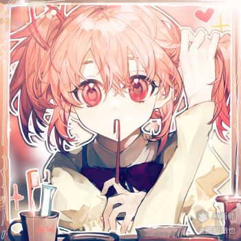 1girl adjusting_hair artist_name blurry blurry_background bow bowtie chrisryciy closed_mouth collared_shirt commission cup expressionless eyelashes hair_between_eyes hair_ribbon hand_on_own_arm high_collar highres holding holding_own_hair holding_ribbon juliet_sleeves kaname_madoka long_sleeves looking_at_viewer mahou_shoujo_madoka_magica mahou_shoujo_madoka_magica_(anime) mihuashi_commission mirror mitakihara_school_uniform mouth_hold outline pink_eyes pink_hair puffy_sleeves raised_eyebrows red_bow red_bowtie red_ribbon reflection reflection_focus ribbon school_uniform shirt short_hair solo straight-on tareme toothbrush toothpaste upper_body watermark white_outline yellow_shirt