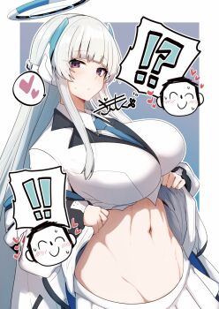 ! !! !? 1boy 1girl ? blue_archive blue_necktie blush breasts clothes_lift doodle_sensei_(blue_archive) gin_moku halo headgear heart highres lifting_own_clothes long_hair mechanical_halo navel navel_focus necktie noa_(blue_archive) purple_eyes sensei_(blue_archive) shirt_lift skirt speech_bubble white_hair white_halo white_skirt