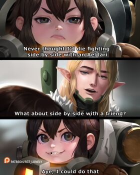 1boy 1girl armor blonde_hair brown_eyes brown_hair dwarf eldar elf english_text bad_tag frown hair_between_eyes heresy_(warhammer) highres leagues_of_votann long_hair meme pointy_ears pout power_armor scene_reference sgt_lonely smile tall_male the_lord_of_the_rings tolkien's_legendarium tooth_gap warhammer_40k