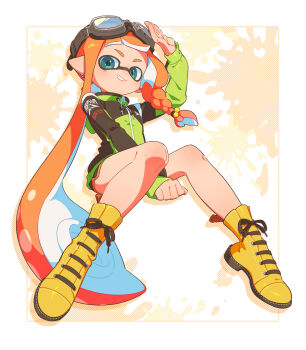 1girl absurdres between_legs black_jacket black_shorts boots braid eyebrow_cut full_body goggles goggles_on_head green_eyes green_jacket grin hand_between_legs hand_up highres inkling inkling_girl inkling_player_character invisible_chair jacket lace-up_boots long_hair long_sleeves looking_at_viewer multicolored_jacket nintendo orange_hair pointy_ears shorts single_braid sitting smile solo splatoon_(series) straight-laced_footwear surume01417 tentacle_hair two-tone_jacket very_long_hair yellow_boots