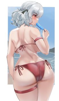 1girl absurdres ass beach bikini black_ribbon blue_sky blush commentary english_commentary food food_in_mouth from_behind girls'_frontline girls'_frontline_2:_exilium hair_ribbon highres holding holding_food holding_popsicle looking_at_viewer melting_popsicle ocean official_alternate_costume popsicle popsicle_in_mouth red_bikini red_eyes ribbon sabrina_(girls'_frontline_2) sabrina_(strawberry_zabaione)_(girls'_frontline_2) short_hair side-tie_bikini_bottom sky solo spas-12_(girls'_frontline) string_bikini swimsuit tascalate thigh_strap white_background white_hair