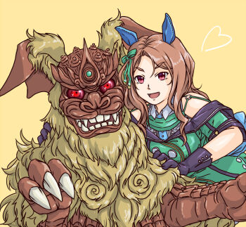 1girl animal_ears brown_hair claws dress ear_covers gem gem_on_head godzilla_(series) godzilla_vs._mechagodzilla green_dress horse_ears horse_girl kaiju king_caesar_(godzilla) king_halo_(umamusume) komainu komainu_ears lastmiller looking_at_viewer monster red_eyes smile solo toho tokusatsu umamusume yellow_background yellow_fur