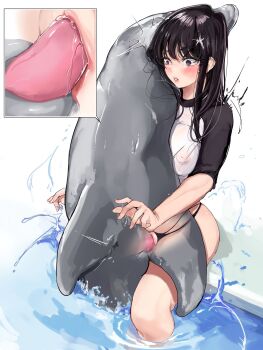 1girl animal_penis bestiality bikini bikini_bottom_only black_hair blush breasts close-up clothed_sex dolphin dolphin_penis highres in_water komi-san_wa_komyushou_desu komi_shouko large_breasts mamimi_(mamamimi) penis pool poolside pussy sex splashing surprised swimsuit uncensored water wet wet_clothes