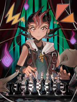 1boy bare_shoulders bishop_(chess) black_hair blood bloody_knife board_game cerakuro chess chess_piece chessboard colored_bangs cross cross_necklace curtains facing_viewer fire gold_necklace green_shirt highres hitodama holding holding_chess_piece indoors jewelry king_(chess) knife knight_(chess) looking_ahead male_focus necklace nervous nervous_smile nervous_sweating open_clothes open_vest pawn_(chess) playing_chess pointing pov queen_(chess) red_eyes red_vest rook_(chess) shirt sitting smile spiked_hair sweat table tsukumo_yuma upper_body vest white_hood wristband yu-gi-oh! yu-gi-oh!_zexal