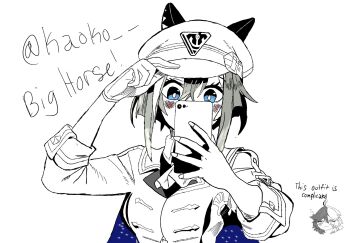 2girls adjusting_clothes adjusting_headwear animal_ears antenna_hair ascot breasts cape cellphone cheval_grand_(grand_itineraire)_(umamusume) cheval_grand_(umamusume) commentary ears_through_headwear english_commentary english_text gift_art gloves hat hat_belt highres holding holding_phone horse_ears horse_girl jacket kunitoro_(artist) medium_breasts multicolored_hair multiple_girls original phone short_hair_with_long_locks single_glove smartphone solo_focus split-color_hair umamusume