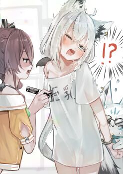 ! !? 2girls absurdres animal_ear_fluff animal_ear_piercing animal_ears aqua_eyes braid breasts clothes_writing commentary_request cuffed fox_ears fox_girl fox_tail highres hololive marker multiple_girls naked_shirt natsuiro_matsuri natsuiro_matsuri_(1st_costume) oversized_clothes oversized_shirt shirakami_fubuki shirt side_braid single_braid small_breasts spoken_exclamation_mark sukonbu_(shirakami_fubuki) tail virtual_youtuber white_background white_hair wrist_cuffs yuzuno_wagiri