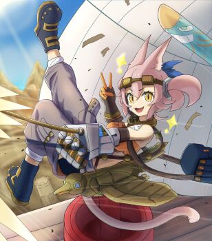 1girl absurdres animal_ears bag crop_top debris desert duel_monster full_body grappling_hook grey_pants highres jay_b_098 kitt_(yu-gi-oh!) looking_at_viewer non-humanoid_robot pants pink_hair robot robot_animal robot_bird shoulder_bag smile solo springans_rockey strapless tri-brigade_kitt tri-brigade_mercourier tube_top v yellow_eyes yu-gi-oh!