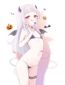 :p absurdres animal_print bat_print bat_wings bikini candy capuchi_(111cappuccino) commentary_request demon_horns demon_tail flat_chest food halloween heart highres holding holding_candy holding_food holding_lollipop hololive horns jack-o'-lantern legband light_blush lollipop long_hair looking_at_viewer murasaki_shion navel orange_eyes pumpkin simple_background swimsuit tail tongue tongue_out virtual_youtuber white_hair wings