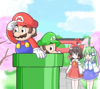 ! 2boys 2girls :d ? blue_skirt blue_sky bow brothers brown_eyes cherry_blossoms cloud commentary_request crossover detached_sleeves facial_hair gloves green_eyes green_hat hair_bow hakurei_reimu hat highres industrial_pipe kochiya_sanae luigi mario mario_(series) multiple_boys multiple_girls mustache nintendo open_mouth outdoors red_bow red_hat red_skirt shirt siblings skirt sky smile torii touhou tree white_gloves white_shirt zenji029