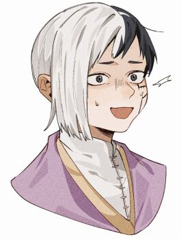 0a_9_(pixiv82791714) 1boy asagiri_gen asymmetrical_hair black_eyes black_hair dr._stone male_focus multicolored_hair open_mouth portrait shirt short_hair smile solo split-color_hair surprised sweatdrop two-tone_hair white_background white_hair white_shirt