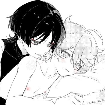 2boys aether_(genshin_impact) ahoge bare_shoulders bite_mark bite_mark_on_neck blunt_ends blush braid bridal_gauntlets clenched_hand completely_nude covered_collarbone eyeshadow genshin_impact greyscale hair_between_eyes long_hair looking_afar looking_at_another lying lying_on_person makeup male_focus mandarin_collar monochrome multiple_boys nipples nude on_bed on_side parted_bangs pillow red_eyeshadow scaramouche_(genshin_impact) shirt short_hair simple_background sleeveless sleeveless_shirt smile sweatdrop teeth tsuyaryouyado wanderer_(genshin_impact) yaoi