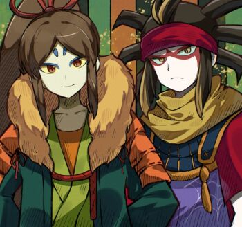 2boys blue_eyeshadow brown_eyes brown_hair colored_sclera eyeshadow green_jacket green_kimono jacket japanese_clothes kimono long_hair looking_at_viewer makeup male_focus multiple_boys oogama_(youkai_watch) ponytail short_hair tsuchigumo_(youkai_watch) unnchi_haha upper_body white_jacket yellow_sclera youkai_(youkai_watch) youkai_watch