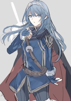 1girl blue_eyes blue_hair brand_of_the_exalt bridal_gauntlets cape circlet fire_emblem fire_emblem_awakening gloves highres long_hair looking_at_viewer lucina_(fire_emblem) nintendo open_mouth simple_background solo tiara two-tone_cape yoka_(103xp)