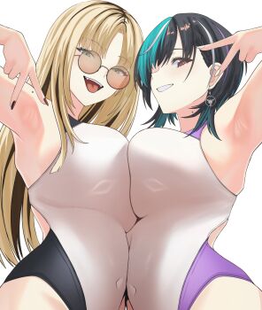 Rule 34 | 2girls, :d, aqua eyes, aqua hair, armpits, black hair, black streaks, blonde hair, breast press, breasts, covered navel, curtained hair, glasses, grin, highres, hololive, hololive dev is, koganei niko, large breasts, long hair, looking at viewer, multiple girls, one-piece swimsuit, open mouth, red eyes, rindo chihaya, si farid, simple background, slit pupils, smile, swept bangs, swimsuit, symmetrical docking, v, virtual youtuber, white background, white streaks