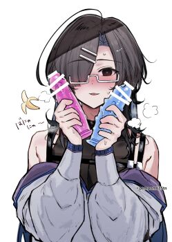 1boy absurdres banana black_hair blue_hair blush commentary_request dildo food fruit glasses hair_over_one_eye heart heart-shaped_pupils highres imamiya-kun_(imamiya_pinoko) imamiya_pinoko long_hair male_focus multicolored_hair original sex_toy solo symbol-shaped_pupils translated trap two-tone_hair visible_air