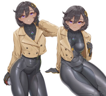 1girl black_bodysuit black_gloves black_hair blush bodysuit breasts brown_jacket closed_mouth covered_navel dark-skinned_female dark_skin emma_(pokemon) fangxiang_cuoluan gloves hair_ornament highres holding holding_poke_ball jacket latex latex_bodysuit looking_at_viewer medium_breasts mega_stone multiple_views nintendo open_mouth opened_by_self orange_gloves poke_ball poke_ball_(basic) pokemon pokemon_legends:_z-a purple_eyes short_hair simple_background sitting skin_tight smile thighs two-tone_gloves white_background
