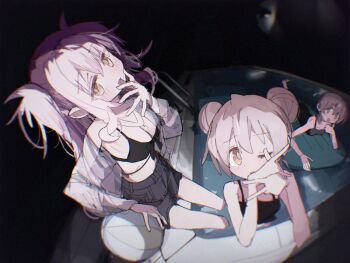 2mai84 3girls ball beachball bikini bikini_top_only black_bikini black_one-piece_swimsuit black_shorts blush breasts brown_hair double_bun hair_between_eyes hair_bun highres inflatable_raft long_hair looking_at_viewer lying medium_breasts multiple_girls murosaki_miyo nagase_miyako night on_stomach one-piece_swimsuit one_eye_closed onii-chan_wa_oshimai! oyama_mahiro partially_submerged pink_hair pool shorts swimsuit two_side_up water yellow_eyes