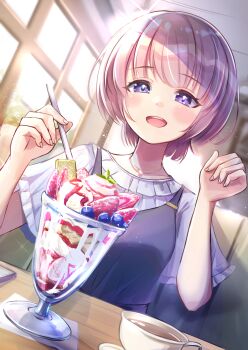 1girl arimura_mao blush coffee commentary_request dress dutch_angle fingernails food frilled_shirt frills gakuen_idolmaster grey_dress highres holding holding_spoon idolmaster indoors jewelry looking_at_food necklace parfait pink_hair purple_eyes restaurant shirt short_hair sitting smile solo spoon steam teeth upper_teeth_only white_shirt yodakeke