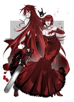 1boy 1girl absurdres bare_shoulders black_gloves blood blood_splatter bob_cut breasts cleavage coat commentary dress english_commentary full_body glasses gloves grell_sutcliff high_heels highres holding holding_weapon kuroshitsuji long_hair looking_back madam_red mrjieshisu red_coat red_dress red_eyes red_hair strapless strapless_dress twitter_username weapon