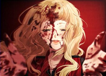 Rule 34 | 1girl, blonde hair, blood, blood in hair, blood on face, blood on hands, blood splatter, blue eyes, blush, crazy, gnosia, half-closed eyes, highres, kukrushka (gnosia), long hair, open mouth, orz c0, reaching, reaching towards viewer, red background, solo, spoilers, thick eyelashes