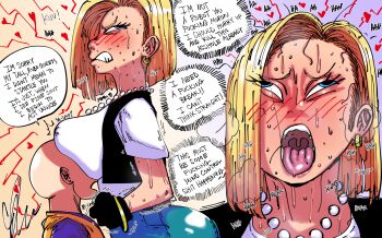 1boy 1girl absurdres ahegao android_18 artist_request ass bald bald_male blonde_hair blue_eyes blush couple dragon_ball english_text excited excited_for_sex groping highres huge_ass husband_and_wife kuririn large_penis penis source_request speech_bubble sweat thought_bubble