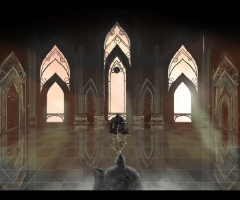 1boy 1other aby ambiguous_gender bearer_of_the_curse cape commentary_request dark_souls_(series) dark_souls_ii from_behind fur_cape helm helmet highres holding holding_shield in-universe_location indoors letterboxed quiver reflective_floor shield sir_alonne tile_floor tiles upper_body window