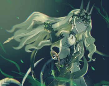 1girl bare_shoulders black_dress black_gloves black_tiara breasts clothing_cutout commentary dress earrings gloves green_hair highres honkai_(series) honkai_impact_3rd jewelry kurokoshou_(siakabe) long_hair mobius_(honkai_impact) parted_lips revealing_clothes side_cutout slit_pupils small_breasts solo spikes tiara very_long_hair