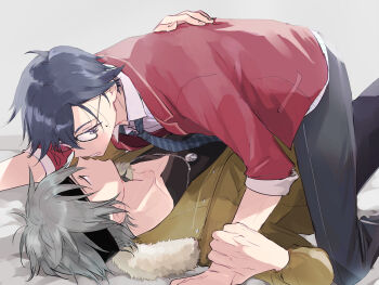 Rule 34 | 2boys, absurdres, black hair, black headband, blue necktie, blue pants, collarbone, crow armbrust, diagonal-striped clothes, diagonal-striped necktie, eiyuu densetsu, fur trim, glasses, grey background, grey hair, headband, highres, jewelry, kai no kiseki, kuro no kiseki (series), mullet, multiple boys, necktie, on bed, pants, parted lips, pearscoke, pendant, purple eyes, rean schwarzer, sleeves rolled up, striped clothes, sweatdrop, yaoi