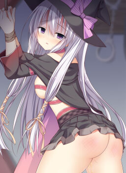 1girl 1other arched_back arms_up ass ayachi_nene belt belt_bra black_cape black_skirt blurry blurry_background blush bound bound_wrists bow breasts cape commentary_request commission cowboy_shot drooling embarrassed empty_eyes expressionless eyes_visible_through_hair from_side frown hair_between_eyes hair_ribbon half-closed_eyes hat hat_bow head_tilt indoors korokoro_cat large_breasts long_hair long_sleeves looking_at_viewer miniskirt mouth_drool no_panties nose_blush parted_lips peeing pink_bow pixiv_commission pleated_skirt purple_eyes red_belt restrained ribbon sanoba_witch sideboob skirt slap_mark solo_focus spanked standing straight_hair tears variant_set very_long_hair wavy_mouth white_hair wide_sleeves witch witch_hat yellow_ribbon