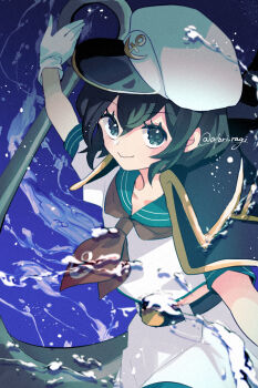 Rule 34 | 1girl, anchor, anchor hat ornament, belt, black belt, black capelet, black hair, capelet, closed mouth, commentary request, cowboy shot, gloves, green sailor collar, grey eyes, hair between eyes, hat, hat ornament, highres, katsuragi atori, light blush, looking at viewer, murasa minamitsu, neckerchief, outstretched arms, puffy short sleeves, puffy sleeves, red neckerchief, sailor collar, sailor hat, shirt, short hair, short sleeves, skirt, smile, solo, touhou, twitter username, water drop, white gloves, white hat, white shirt, white skirt
