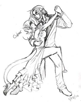 1boy 1girl asheltots breasts collar dancing dress gnome hand_grab high_heels jacket large_breasts linnwynn_coriwick_(asheltots) lips long_skirt long_sleeves medium_hair monochrome pants pointy_ears shirt shoes sideboob skirt sleeveless sleeveless_dress tail tango