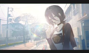 1girl backlighting backpack bag black_choker black_hair black_shirt brown_bag chainsaw_man choker collarbone commentary day english_commentary flower green_eyes hair_between_eyes highres holding holding_flower house kuroduki letterboxed light_particles long_sleeves looking_at_viewer outdoors photo_background power_lines reze_(chainsaw_man) shirt short_hair sidelocks sidewalk solo tree two-tone_shirt upper_body utility_pole white_shirt
